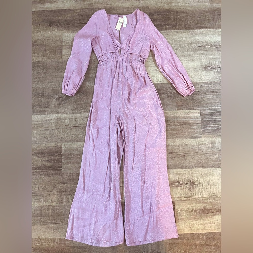 Anthropologie Pink Lace-Textured Long Sleeve Jumpsuit